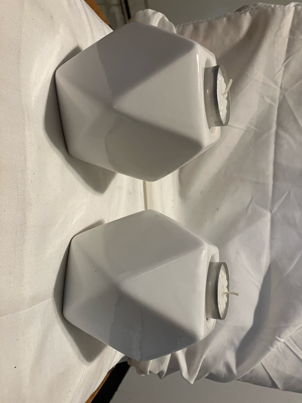 New.  Contemporary white milk glass. 2 pc candle set. Each 4”